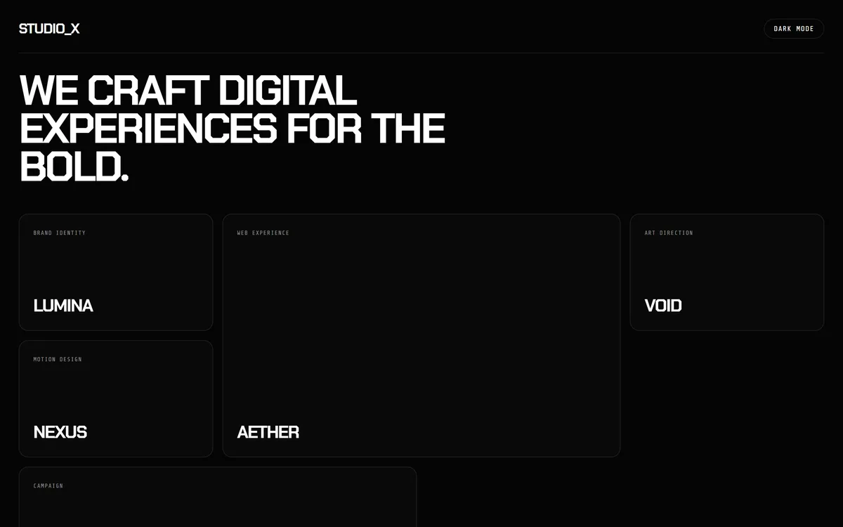 STUDIO_X creative agency site — oversized headline over a dark project grid of brand identity, web and motion work