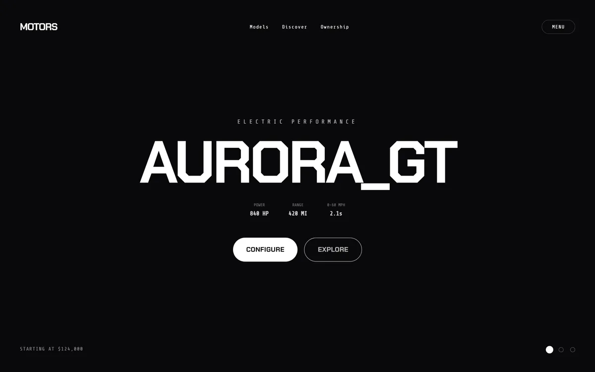 MOTORS electric vehicle landing page — AURORA_GT hero with power, range and 0-60 specifications