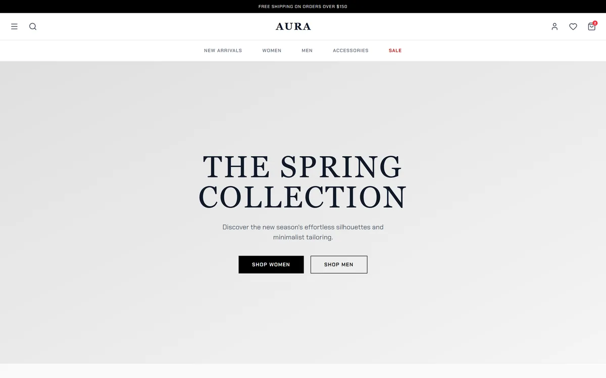 AURA fashion storefront — The Spring Collection hero with Shop Women and Shop Men calls to action