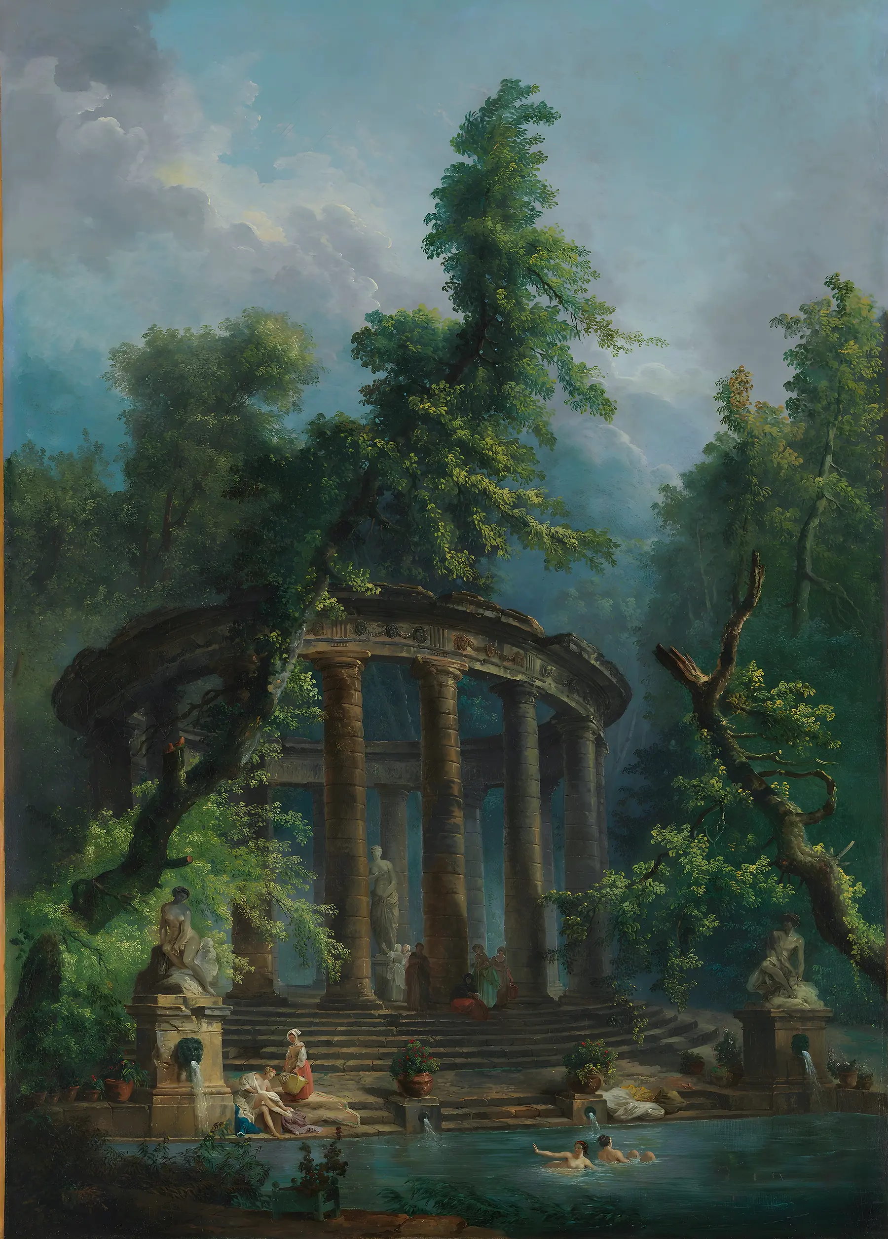 Hubert Robert, The Bathing Pool: a round temple among tall trees above a pool