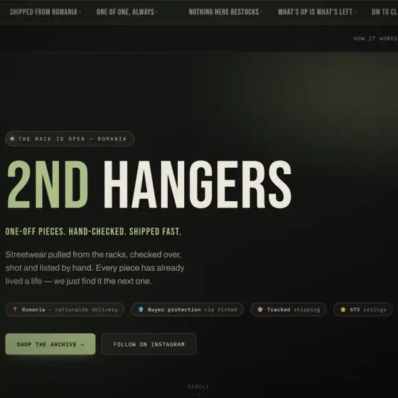 2nd Hangers streetwear resale site — dark product catalog with a rotating 3D hanger model and curated Evisu, Supreme, Stussy and Carhartt archive pieces