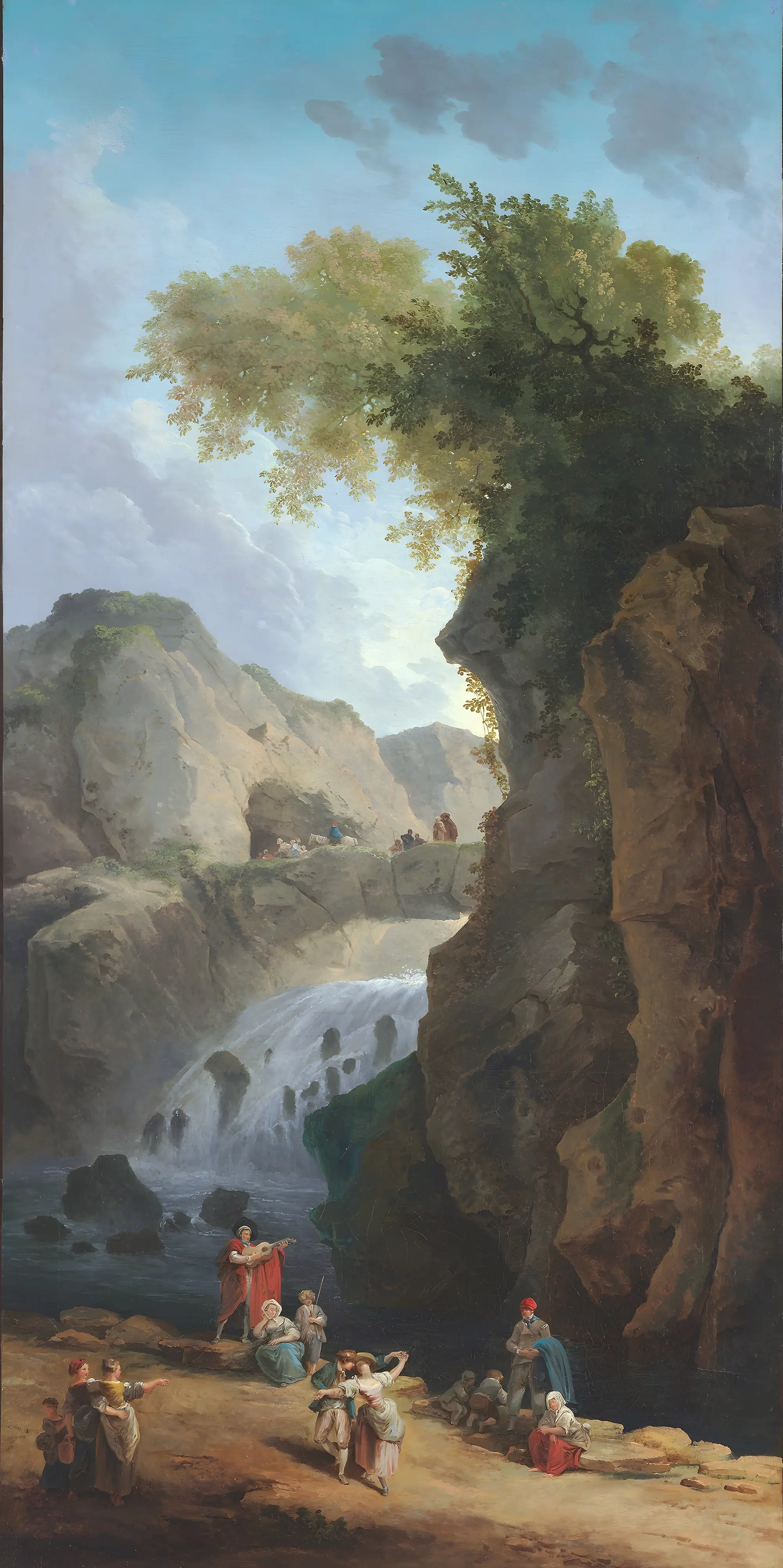 Hubert Robert, The Dance: a waterfall between rocks and trees, and villagers dancing below